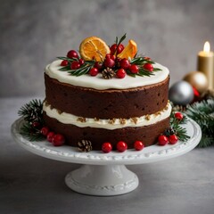 A festive Christmas cake decorated with seasonal elements
