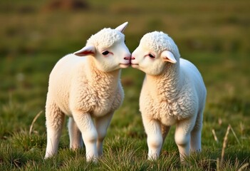 Naklejka premium Two fluffy lambs playfully headbutt each other in a field, siblings fighting, playful interaction