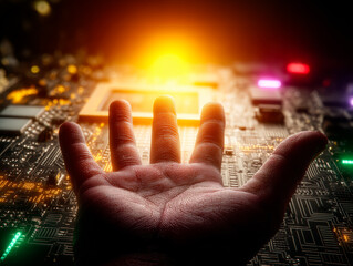 Human hand reaching toward a glowing microchip on an illuminated circuit board, symbolizing human-technology interaction.