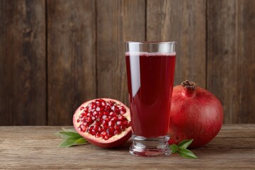 Pomegranate  juice cut fruit exposes seeds next to a full pomegranate beside a tall glass of crimson juice on a wood background