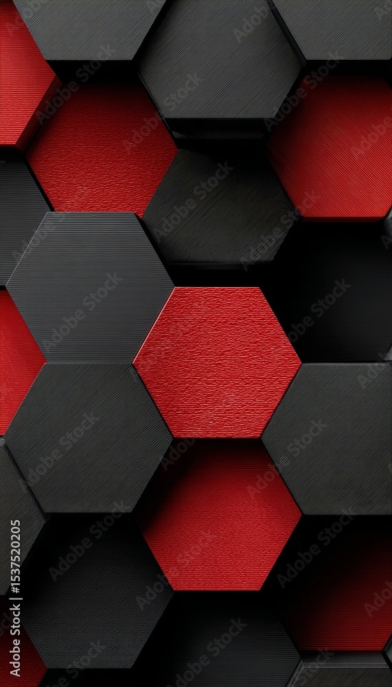Poster intricate hexagonal abstract pattern featuring modern geometric shapes in red and dark gray tones