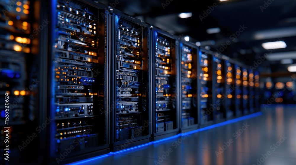 Poster rows of servers are lined up in a data center, glowing with blue and orange led lights. the setting 