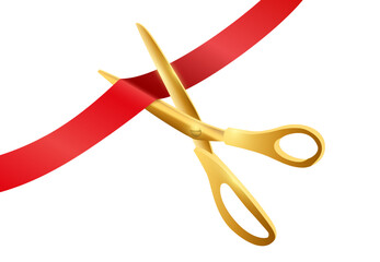 Grand opening ceremony. Golden scissors cutting red ribbon isolated on white background. Luxury event announcement, stage celebration, or business launch. Realistic vector illustration.