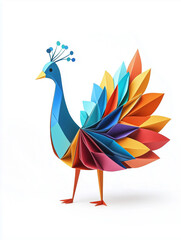 Fototapeta premium Vibrant Origami Peacock Featuring Multicolored Tail Feathers on White Background