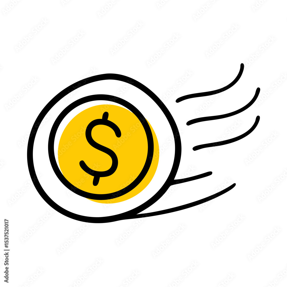 Poster hand draw dollar coin transfer with motion lines for web and graphic design