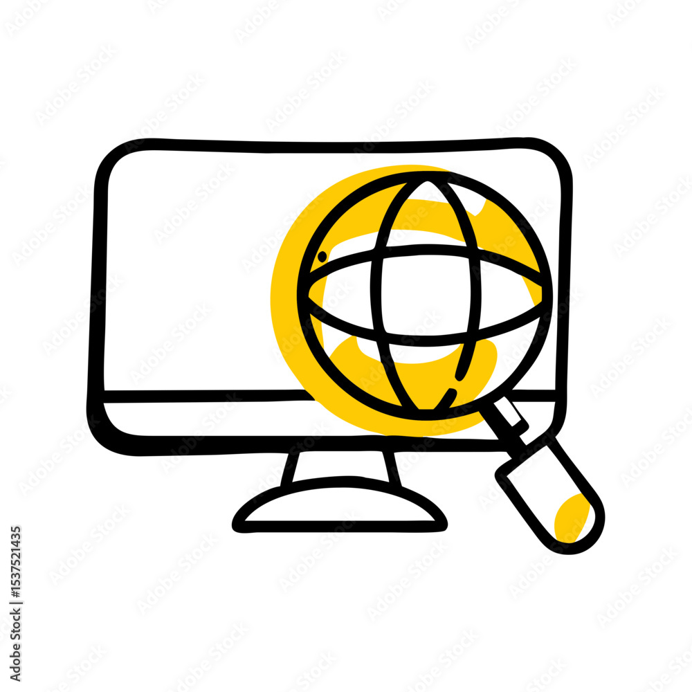 Aufkleber hand draw globe and magnifier on screen icon for web and graphic design