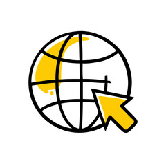 Hand Draw globe with cursor internet access icon for Web and Graphic design