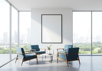 Modern office interior design with blue armchairs and blank poster frame mockup for artwork presentation