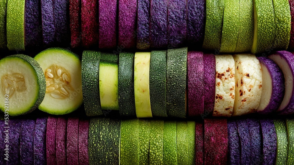 Poster a picture of numerous colorful bracelets, with a cucumber on one side and a cucumber slice on the ot