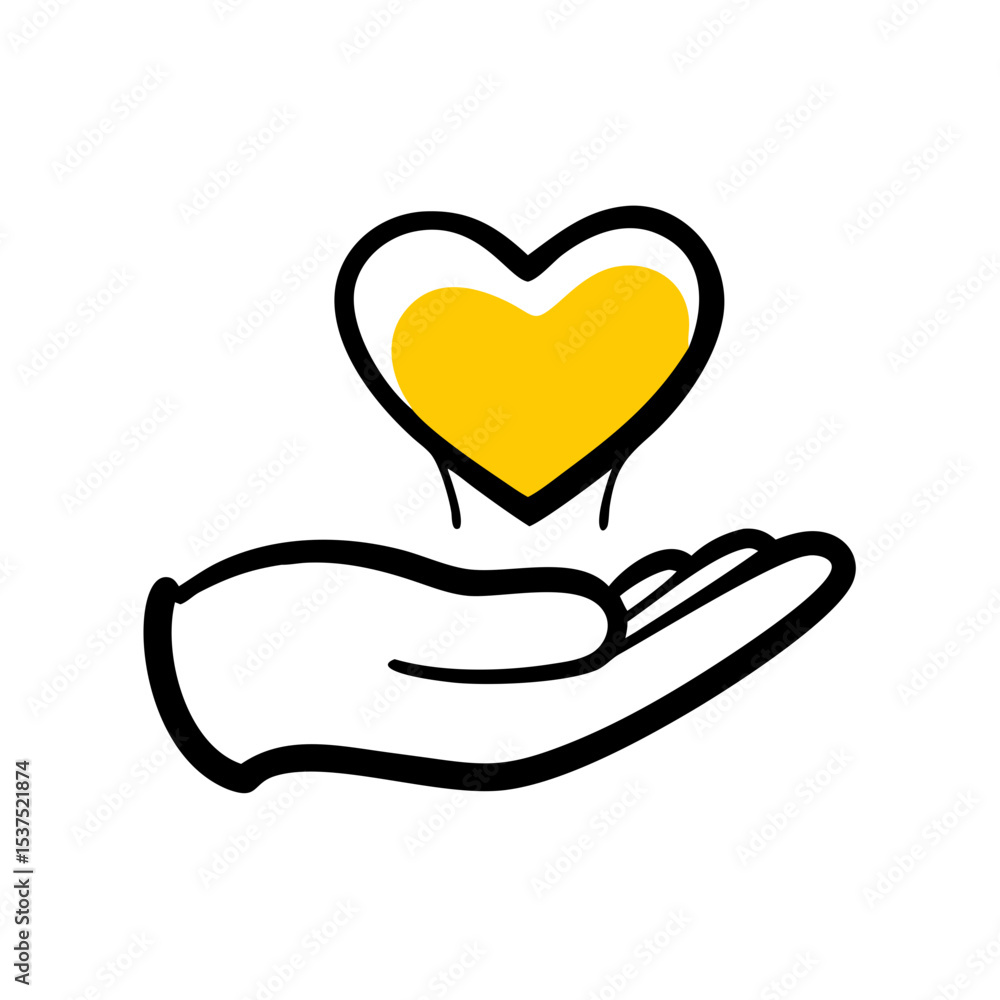 Poster hand draw hand with heart in palm icon for web and graphic design