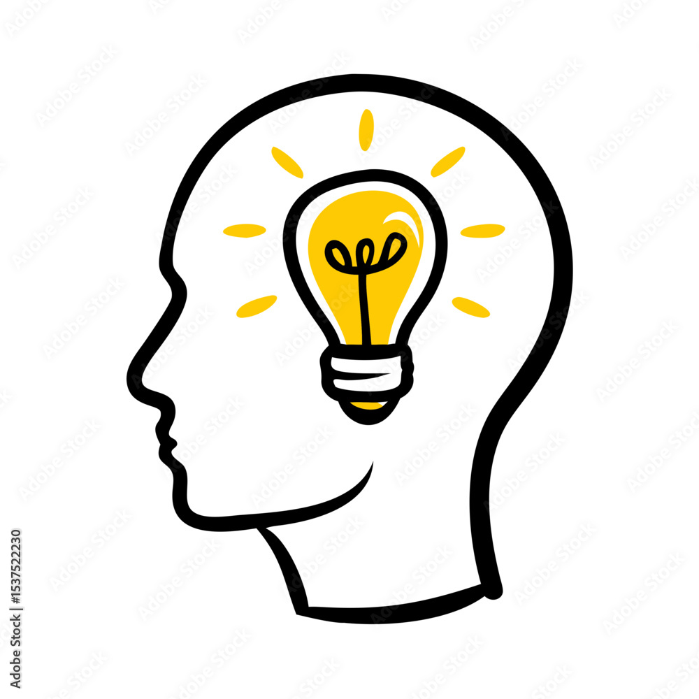Poster hand draw head with idea bulb for web and graphic design
