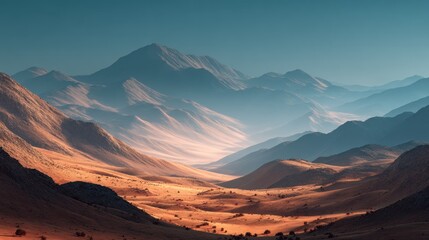 Fototapeta premium Majestic desert mountain range landscape with atmospheric blue haze view