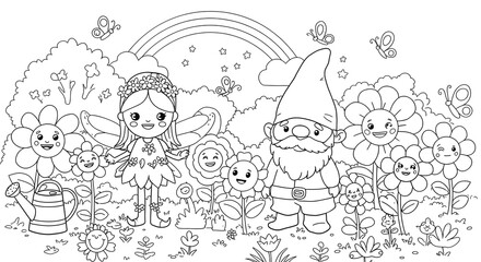 Enchanting Garden Scene Fairy, Gnome, and Blooming Flowers – Coloring Page