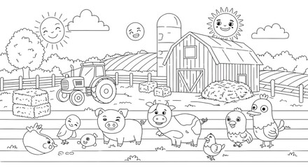 Obraz premium Charming Black and White Farm Scene with Playful Animals and Tractor, Perfect for Coloring Fun