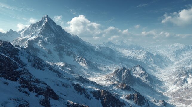 Majestic winter scenery featuring snow-capped mountain ranges and blue sky