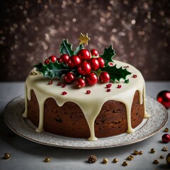 A festive Christmas cake decorated with seasonal elements