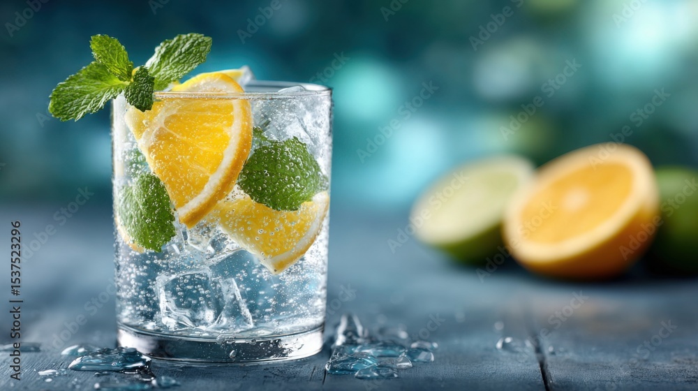 Poster a clear glass filled with ice and sparkling water showcases vibrant lemon slices and mint leaves. th