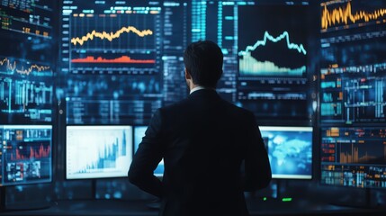 A corporate executive standing in front of multiple screens displaying stock charts, email notifications, and video conference windows