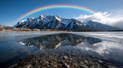 Obraz premium A vibrant rainbow stretches across a clear blue sky above snow-covered peaks. Reflections shimmer in the calm water below, creating a breathtaking winter landscape.