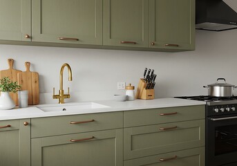 Modern kitchen design with green cabinets and gold faucet for home interior inspiration ideas and style