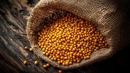Burlap sack with yellow mung beans on a wooden background