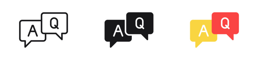 Q&A speech bubble icon or question and answer chat bubbles icons | for FAQs, customer support, help sections, communication apps, forums | in outline, solid black, and colorful flat style