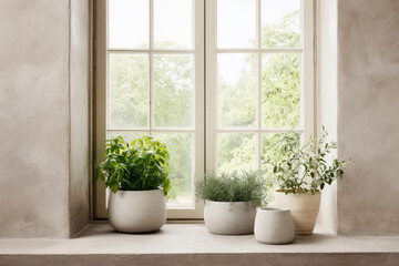 Fototapeta premium serene minimalist interior featuring lush green plants on windowsill bathed in natural light