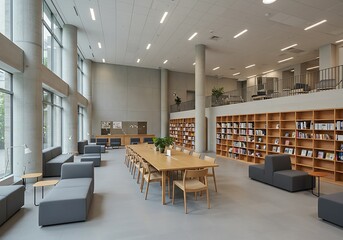 Modern library interior design with bookshelves tables chairs and comfortable seating areas for study and reading