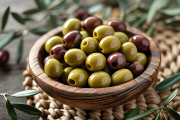 A wooden bowl filled with shiny green and brown olives, styled with olive leaves.
