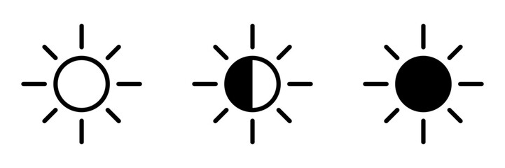 Sun icon set. Dark and light mode icons. Brightness symbol.