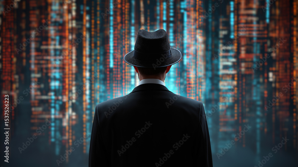 Poster silhouette of a mysterious man in a hat standing against a digital code background.