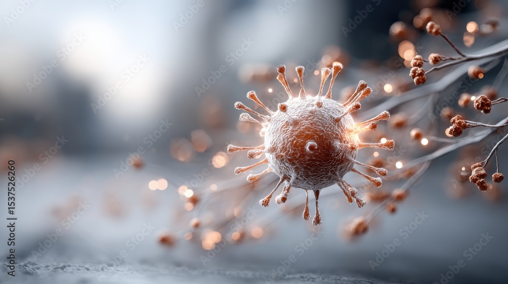 Poster a virus structure displays intricate details with spikes and a textured surface. the background is s
