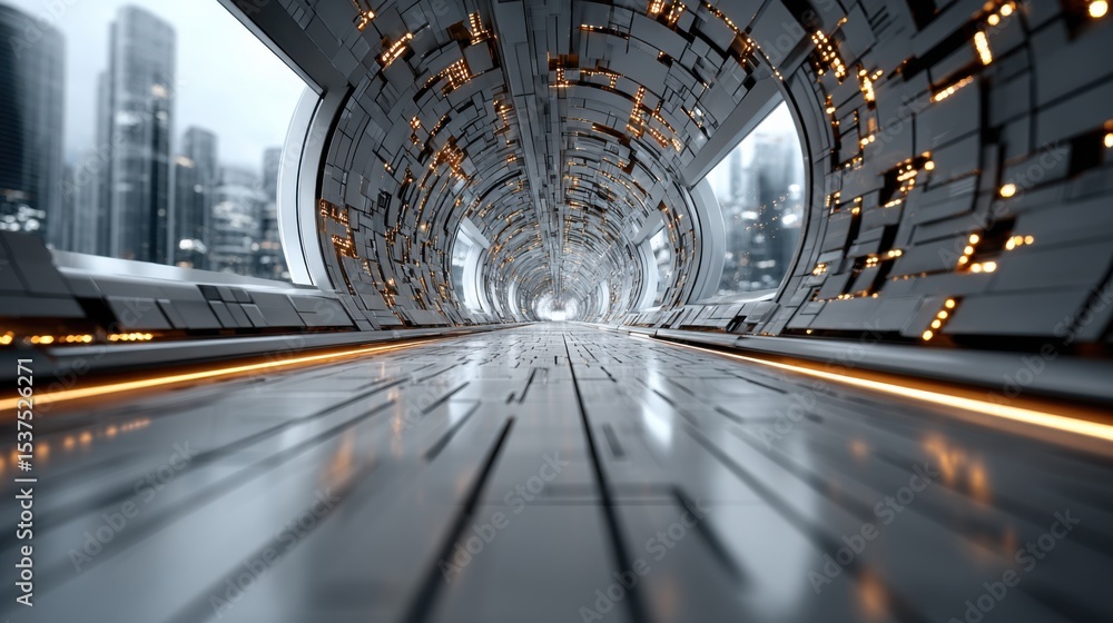 Poster a sleek, futuristic tunnel features metallic walls and illuminated lines that create a captivating p