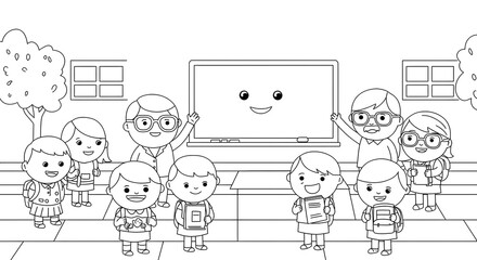 Cheerful Classroom Scene with Happy Students and Smiling Blackboard