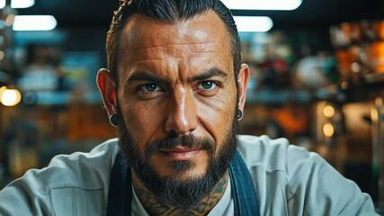 Portrait of a tattooed bartender, intense gaze, artisan workshop background