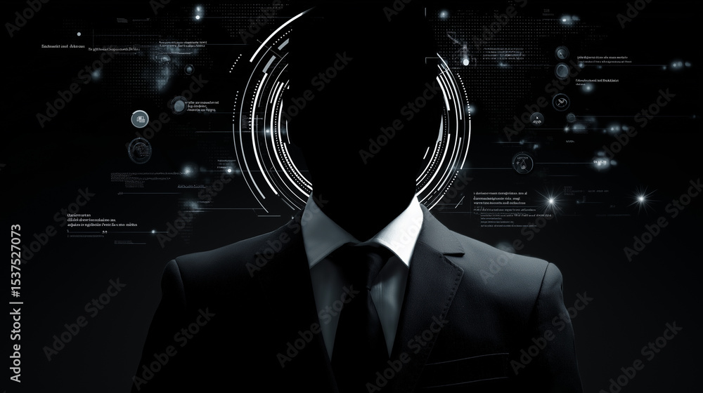 Poster anonymous man in a suit surrounded by digital interface graphics on a dark background.