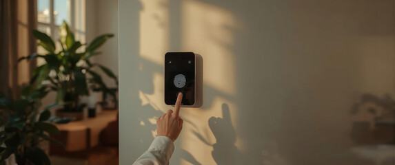 Hand pressing fingerprint scanner on smart home device in modern interior with natural light and plants