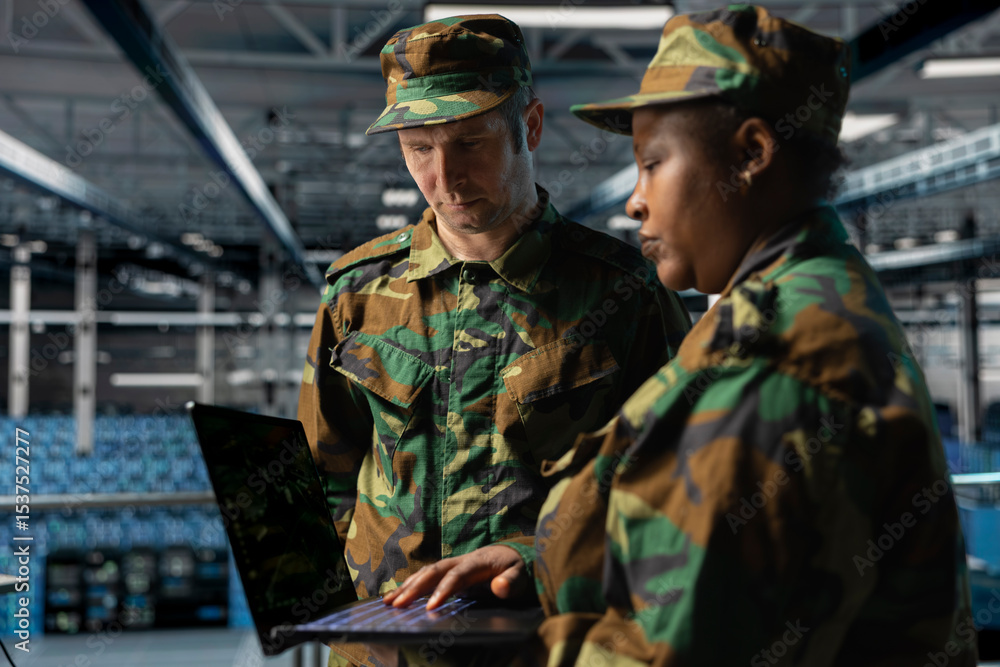 Poster teamworking soldiers in server hub doing brainstorming, checking reports on laptop. team of army inf