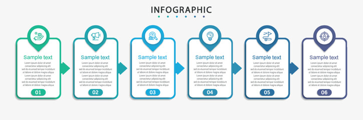 Business infographic vector design template with 6 options, steps or processes. Can be used for workflow layout, diagram, annual report, web design