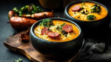 Delicious Sausage and Vegetable Soup Served in a Rustic Bowl Topped With Fresh Herbs.