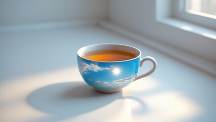 Cup of tea with sky and sun reflection design placed on a white surface near a window