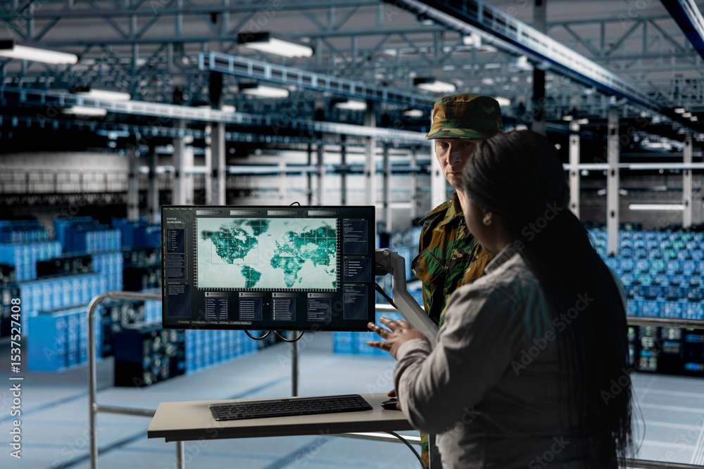 Poster team of military experts in data center examining mission coverage zones on global mapping software.