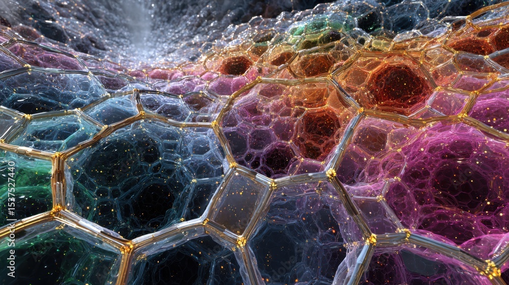 Poster Hexagonal shapes intertwine in a colorful landscape, creating an abstract representation of mineral structures. The vibrant hues blend smoothly, resembling a cosmic environment.