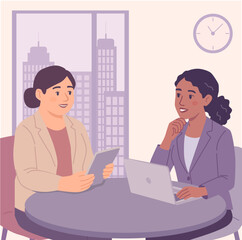 Two professional women discussing work at a round office table with laptops and tablets. Flat vector style, pastel tones, corporate collaboration and cityscape background.