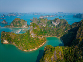 Stunning aerial view of Halong bay's scenic limestone islands and emerald waters