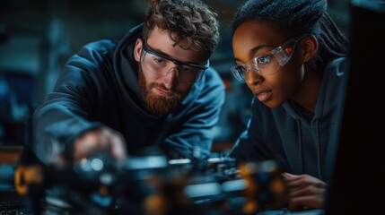 Collaborative engineers working on machinery in a well-lit workshop during evening hours