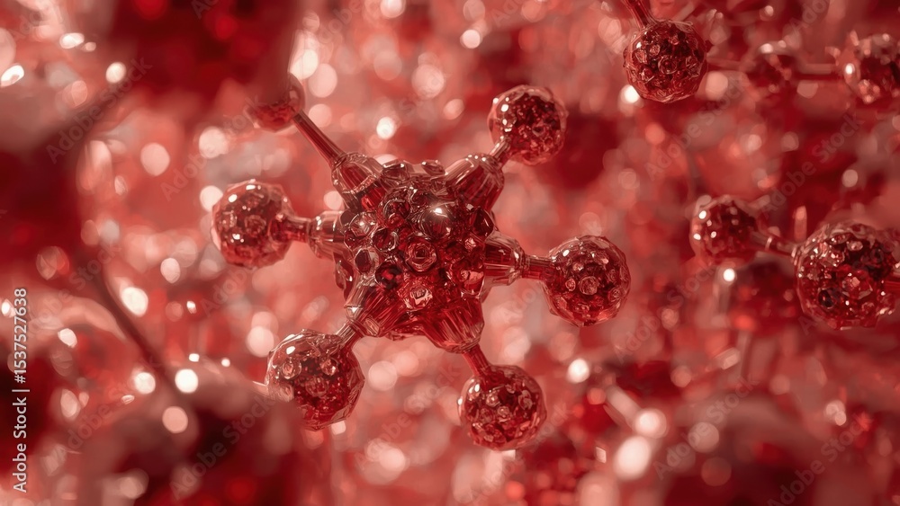 Poster abstract molecular structure in red tones with reflective surfaces and blurred background