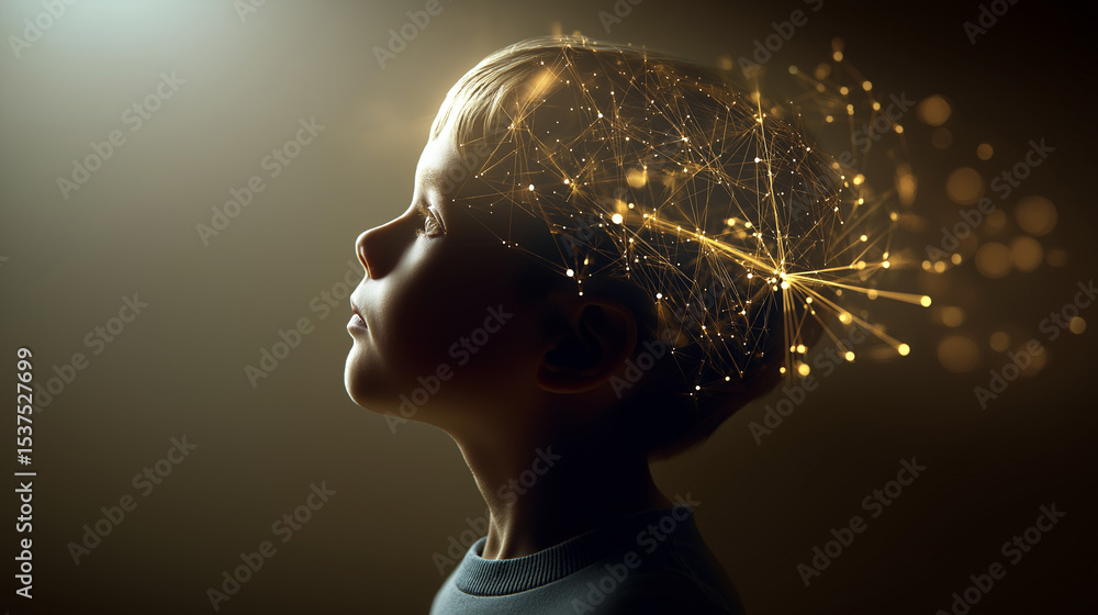 Poster profile of a child with glowing brain neural network illustration symbolizing learning and intellige