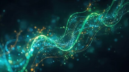 Abstract glowing wave of green and blue light particles on a dark background with dynamic energy flow