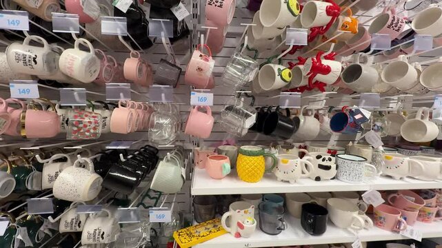 Various colorful mugs, featuring different designs and colors, hang on a retail display, creating a vibrant and visually appealing presentation of drinkware options for customers
